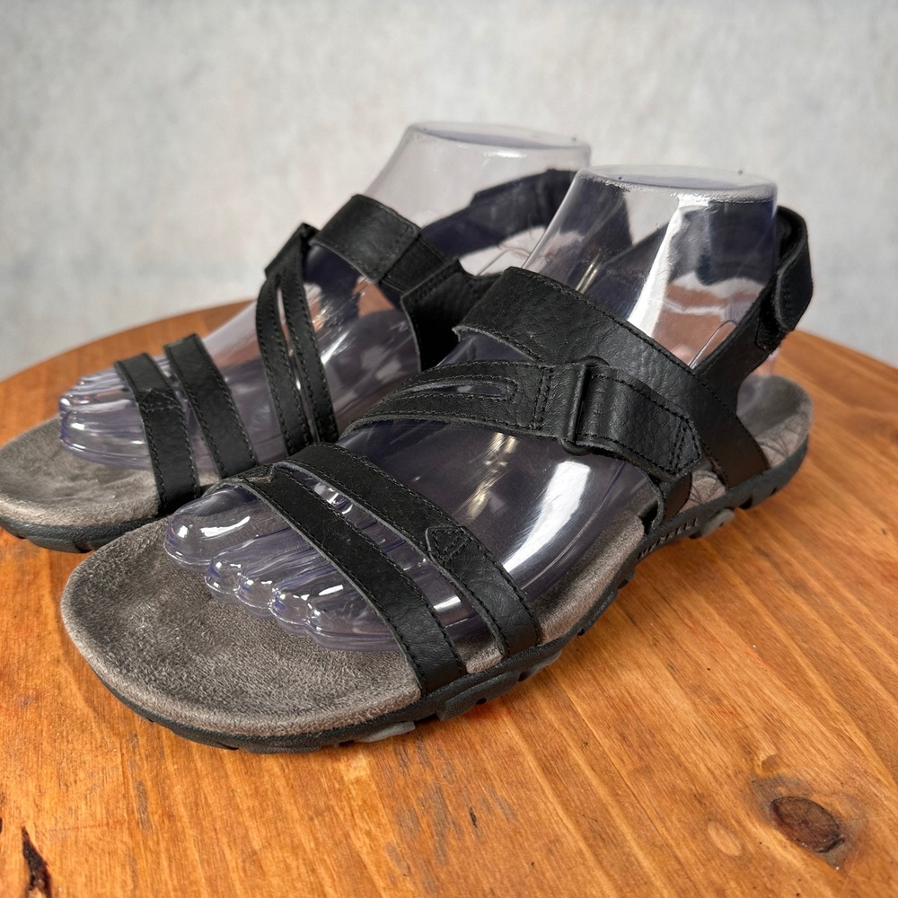 Merrell Terran 3 Cush Post Sandals Womens 6 Black Excellent Strappy Leather